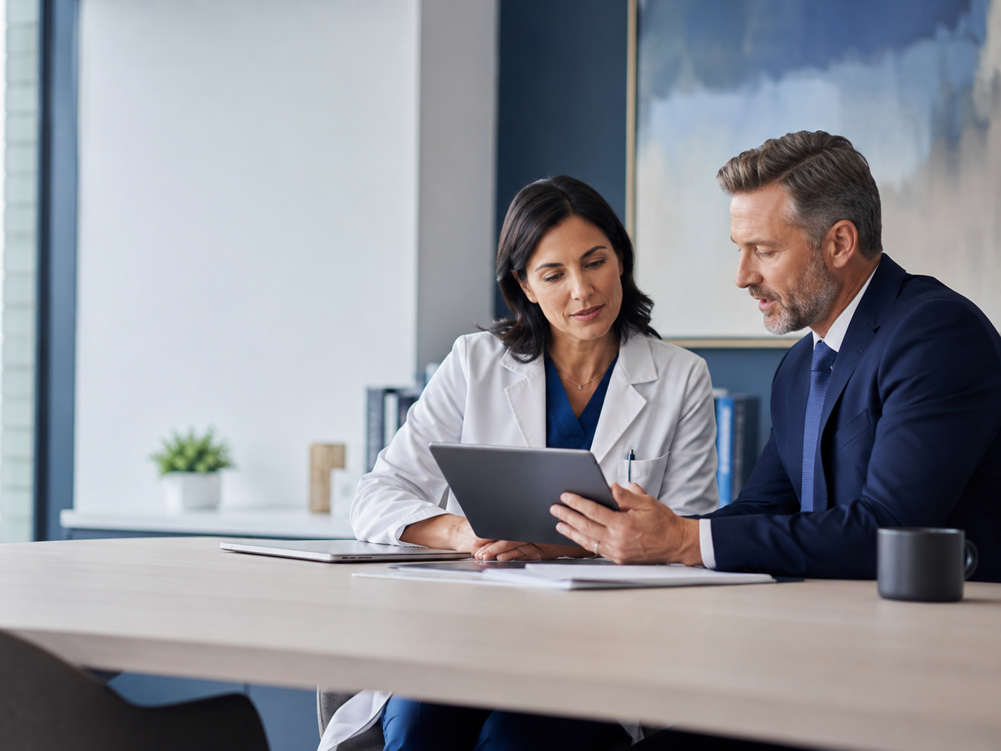 Healthcare provider and executive discussing recruitment strategy